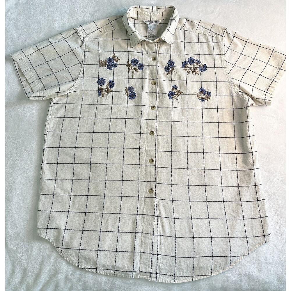 Vtg Victoria Jones Woman Embroidered Floral Grid Shirt 22W Linen Cottagecore
